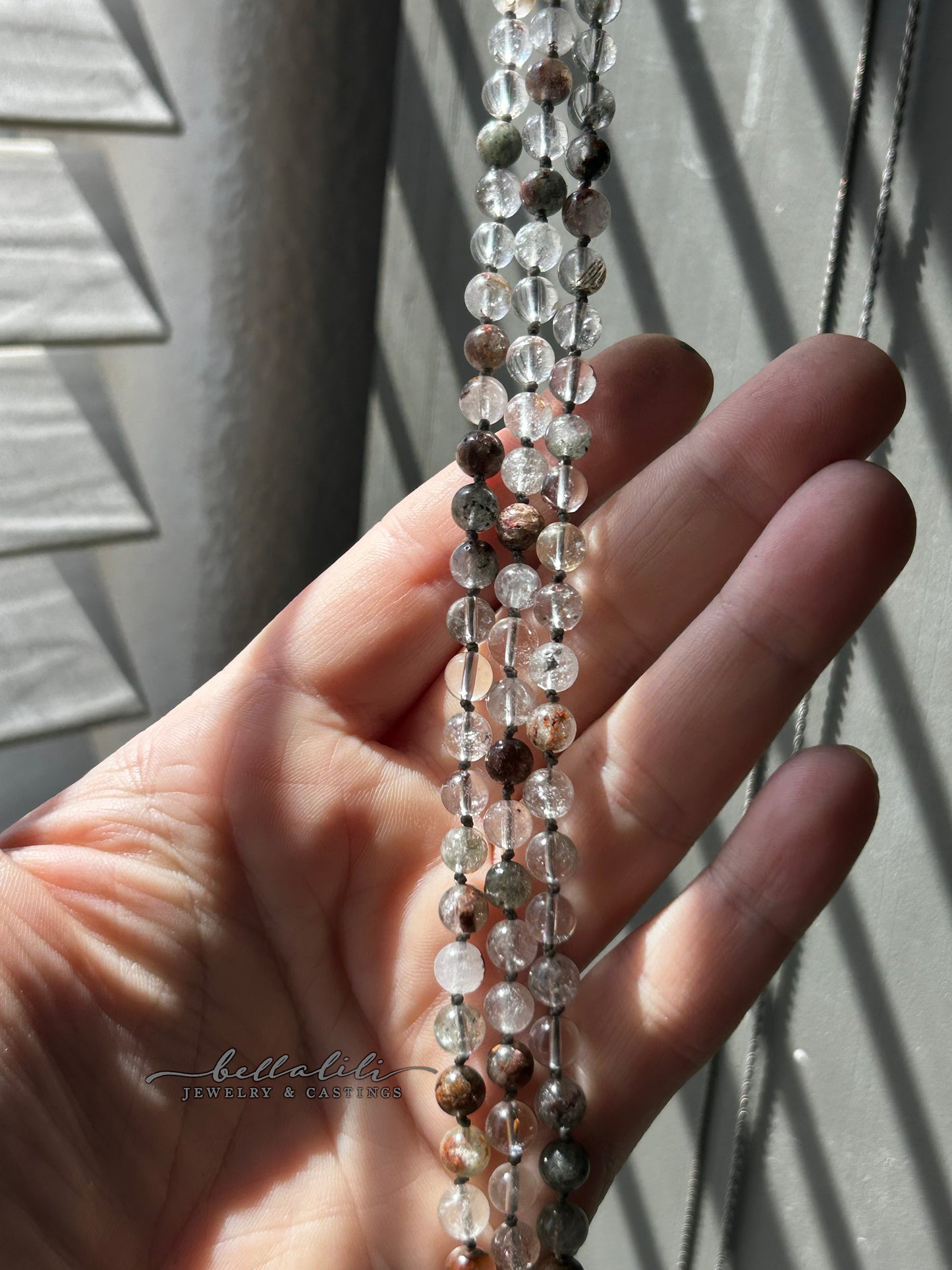 Mossveil Strand, hand knotted Green Phantom Quartz Necklace & Sterling Silver