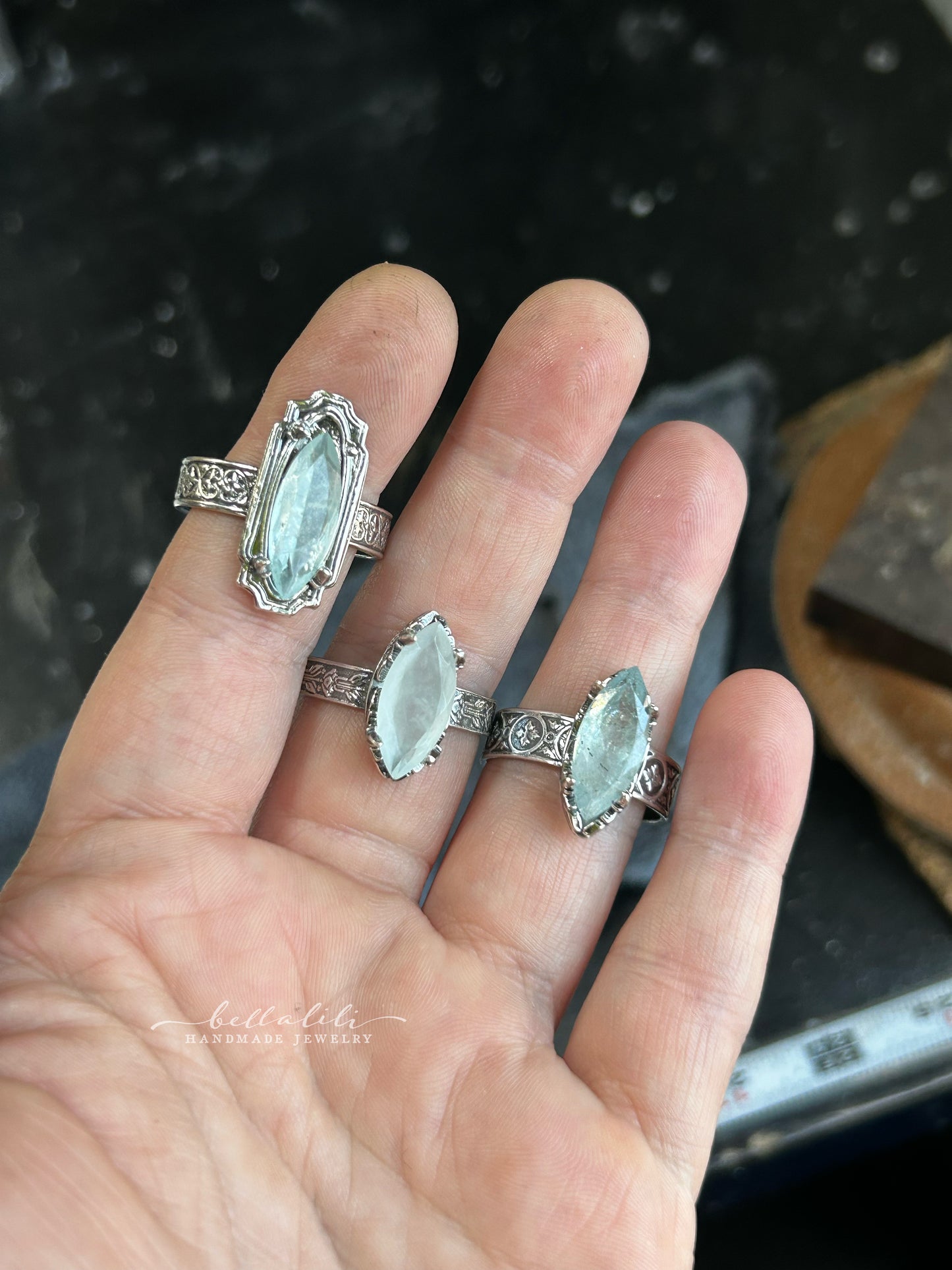 Ondée II, Aquamarine & Sterling Marquise prong ring