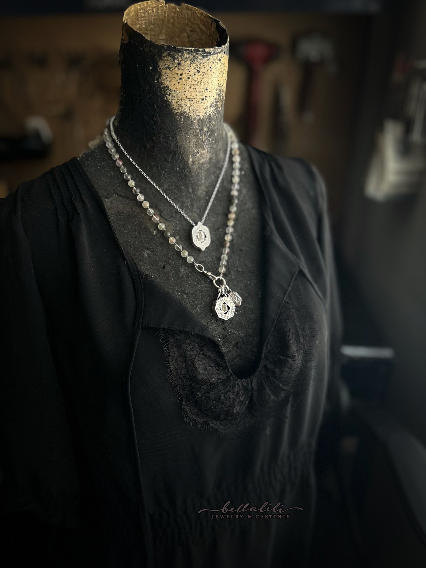 Mossveil Strand, hand knotted Green Phantom Quartz Necklace & Sterling Silver