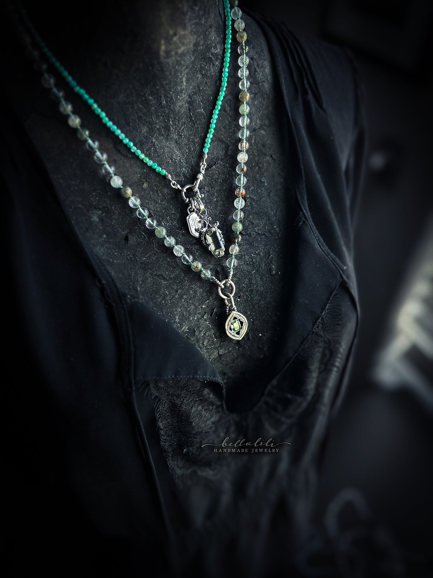 18" Sea Green cz Beaded Necklace, Sterling