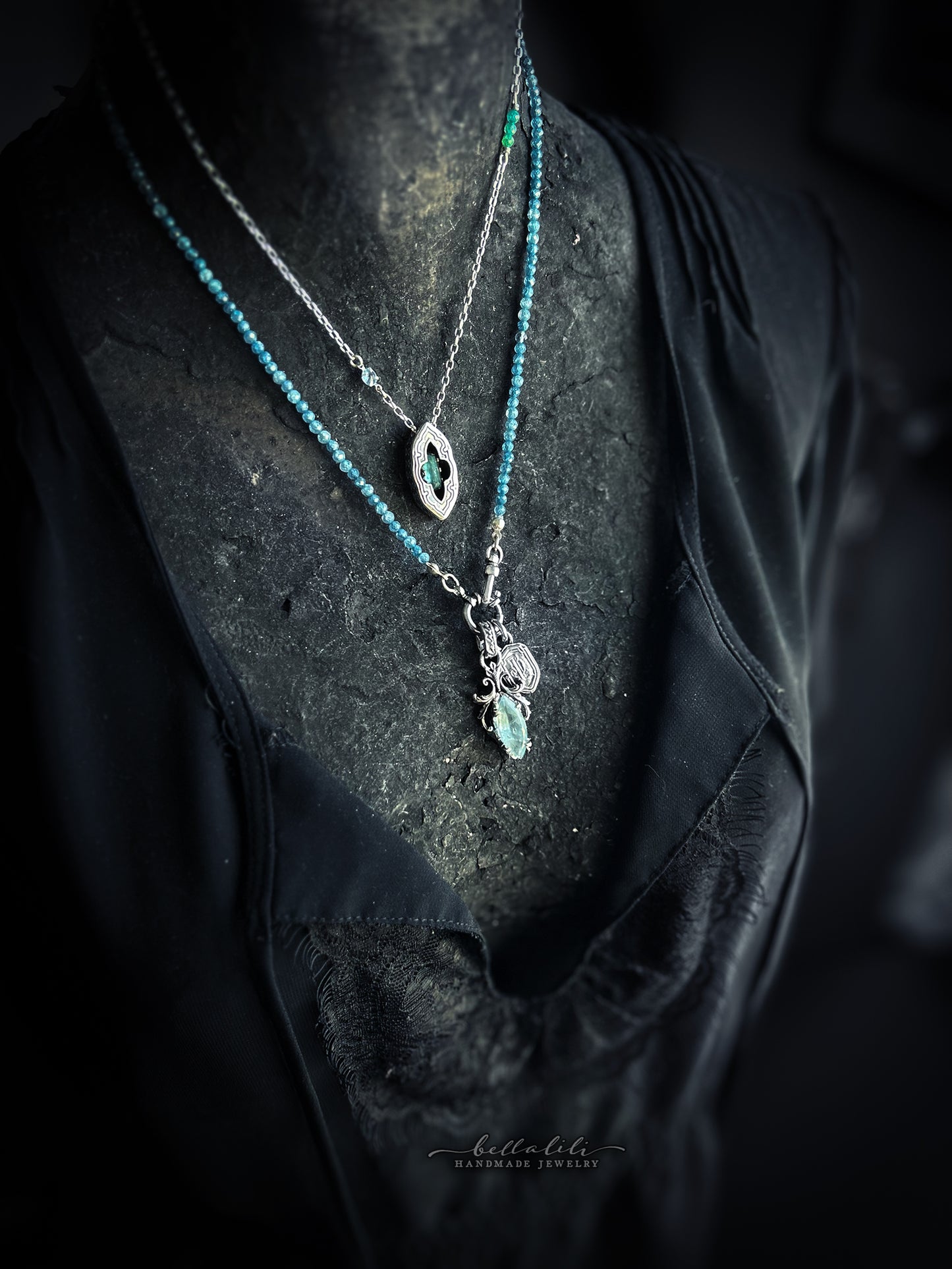 18" Blue diamond cz Beaded Necklace, Sterling
