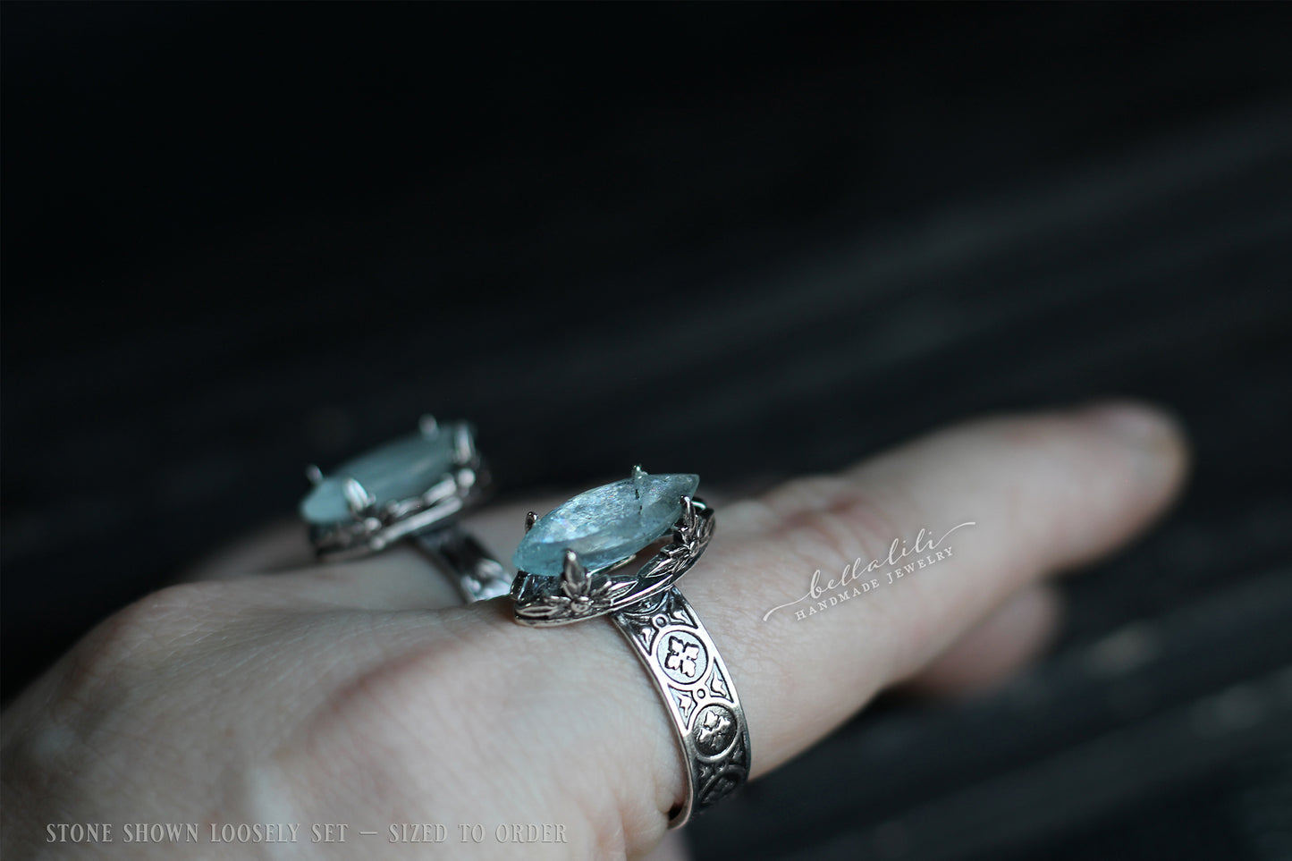 Ondée II, Aquamarine & Sterling Marquise prong ring