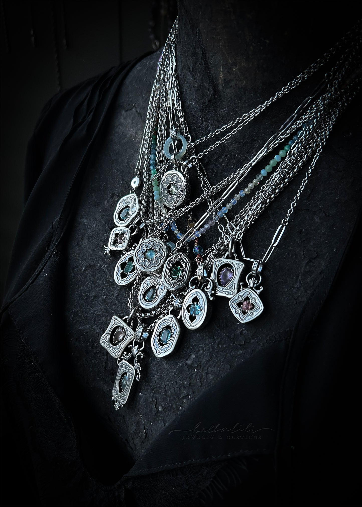 Corinne, Blue Topaz Sterling Shadowbox Necklace