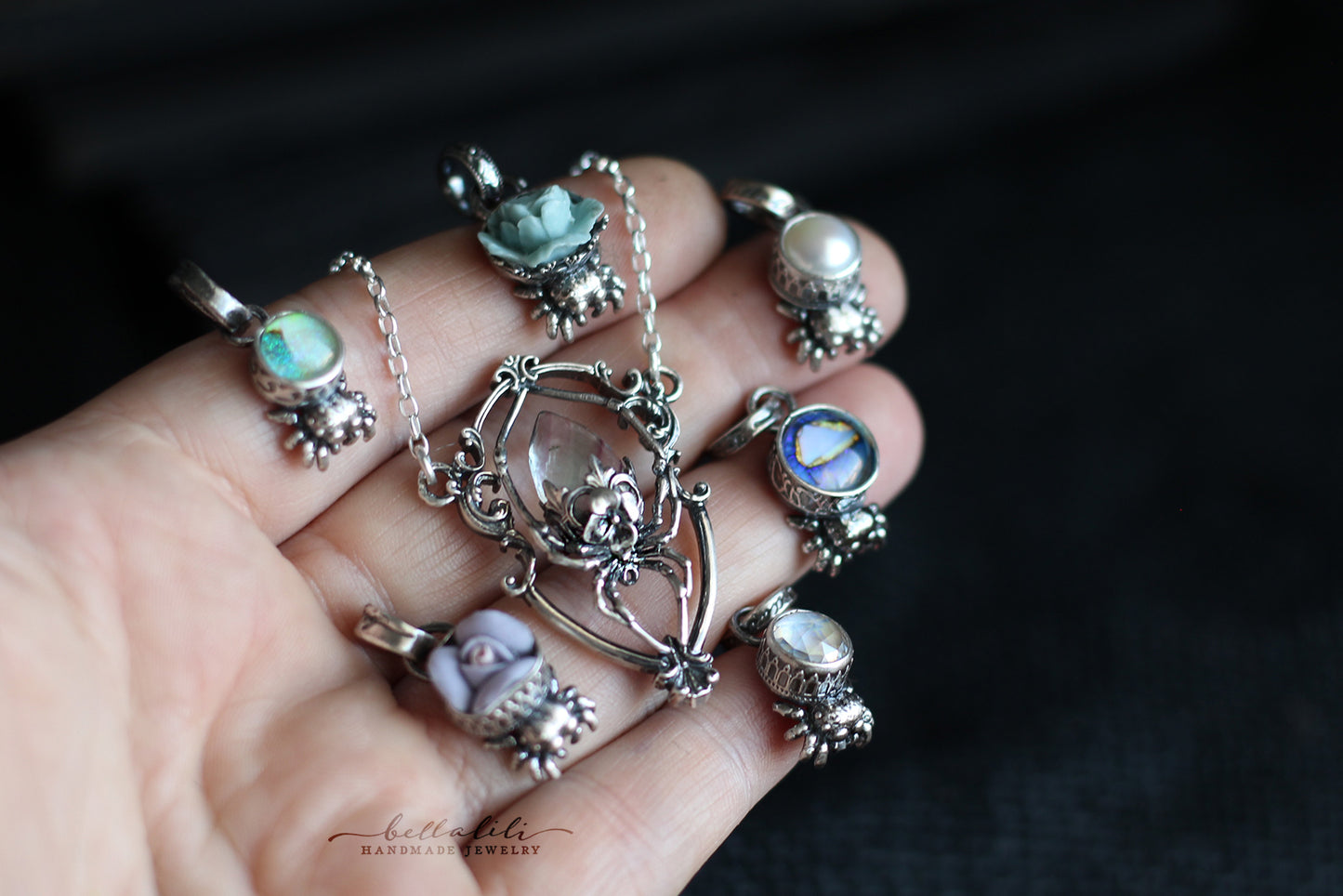 Green Opal Spiderling – Sterling Silver Pendant