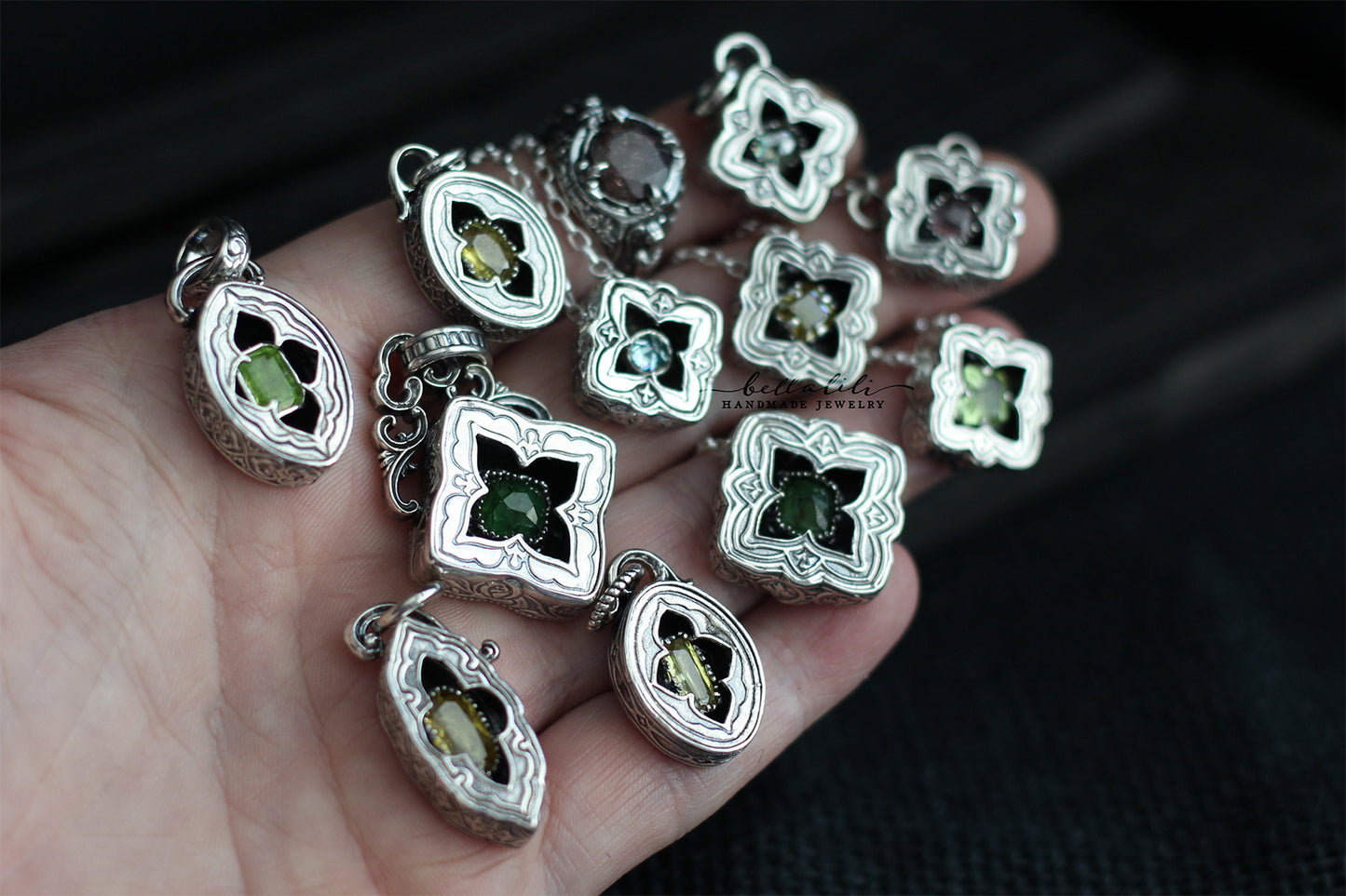 Elixirleaf, Shadowbox No4, Peridot & Sterling Pendant