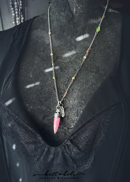 Rosemarie, Pink Cats eye Pendulum Crystal Point Beaded Necklace