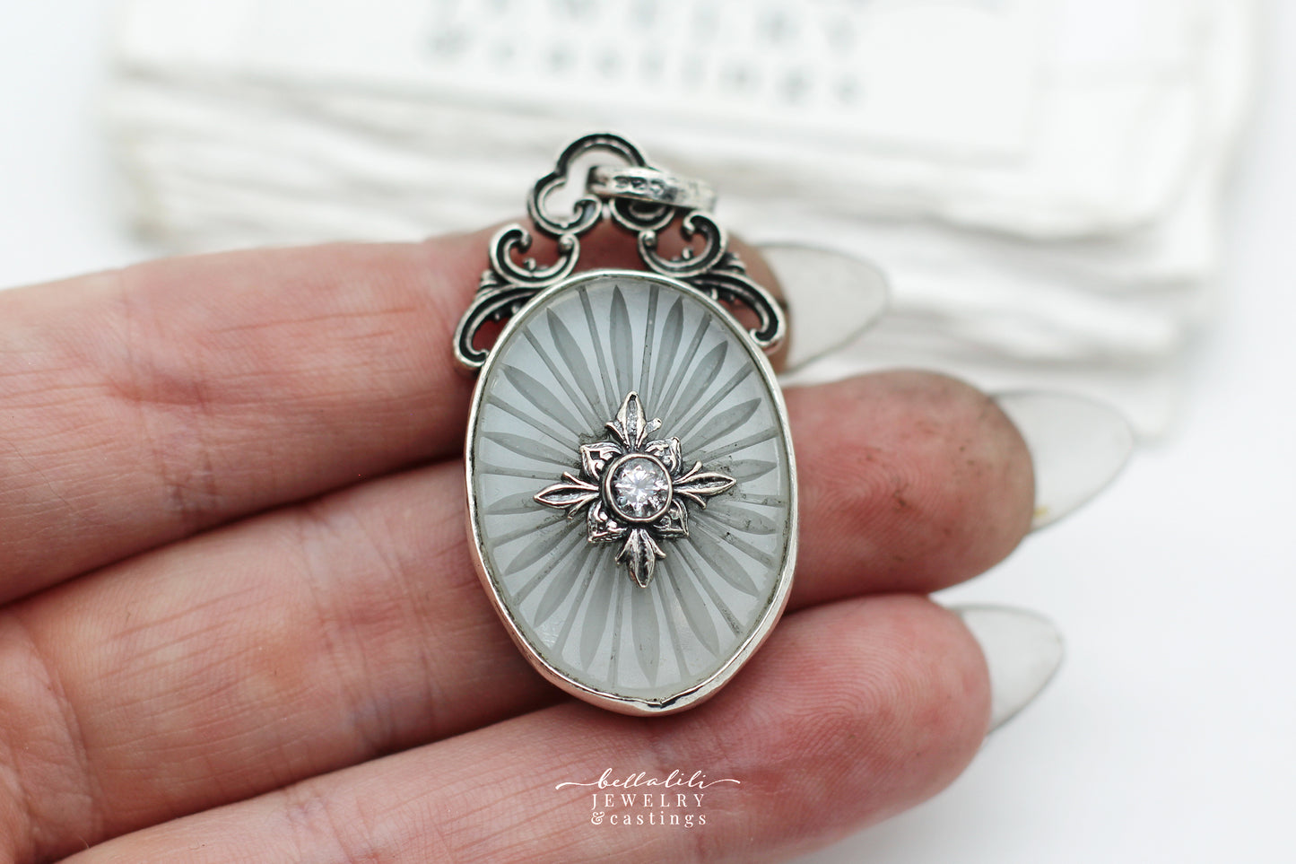 Vintage Camphor Glass Sterling Silver Pendant