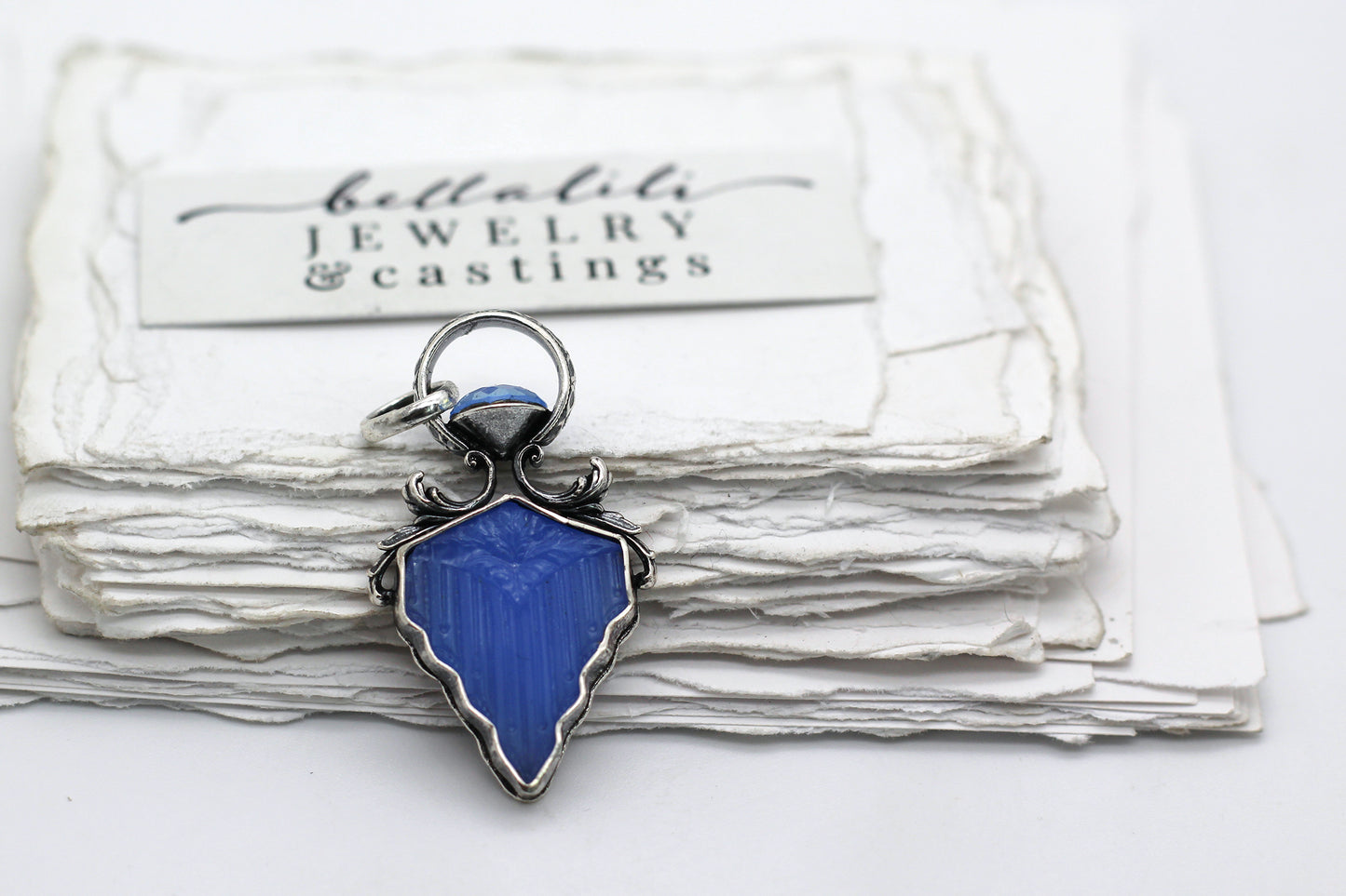 Blue Art Deco Pendant, Blue Vintage Glass Sterling Silver