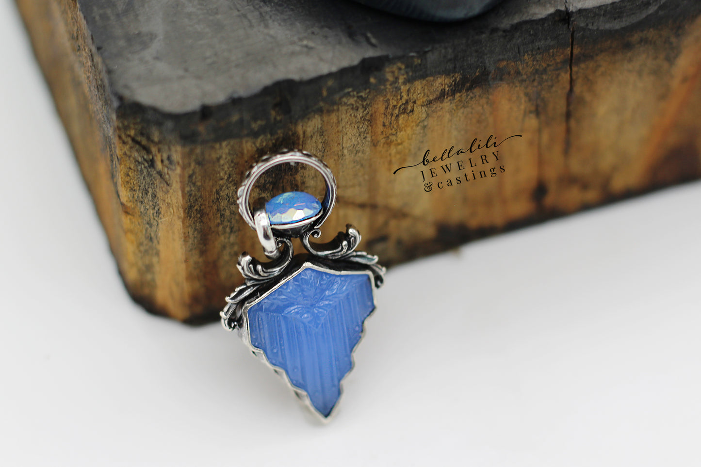 Blue Art Deco Pendant, Blue Vintage Glass Sterling Silver