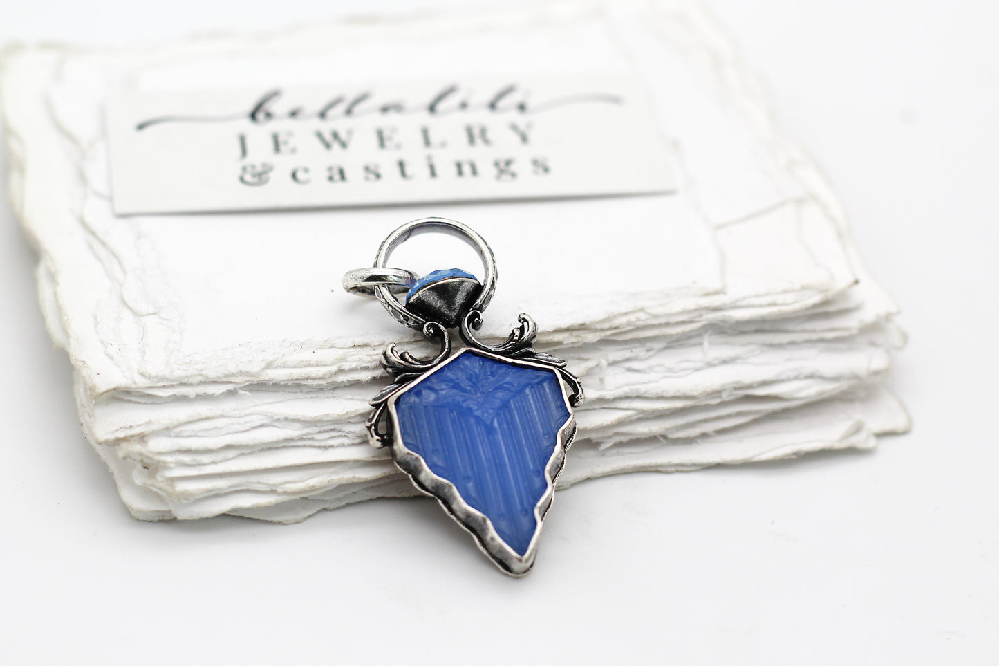 Blue Art Deco Pendant, Blue Vintage Glass Sterling Silver