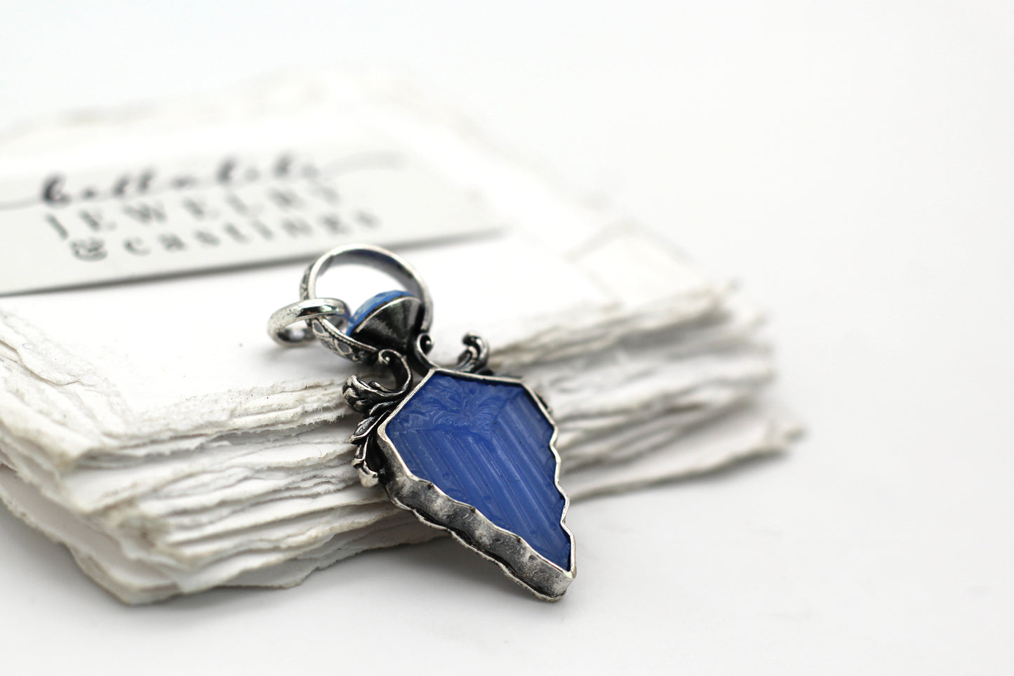 Blue Art Deco Pendant, Blue Vintage Glass Sterling Silver