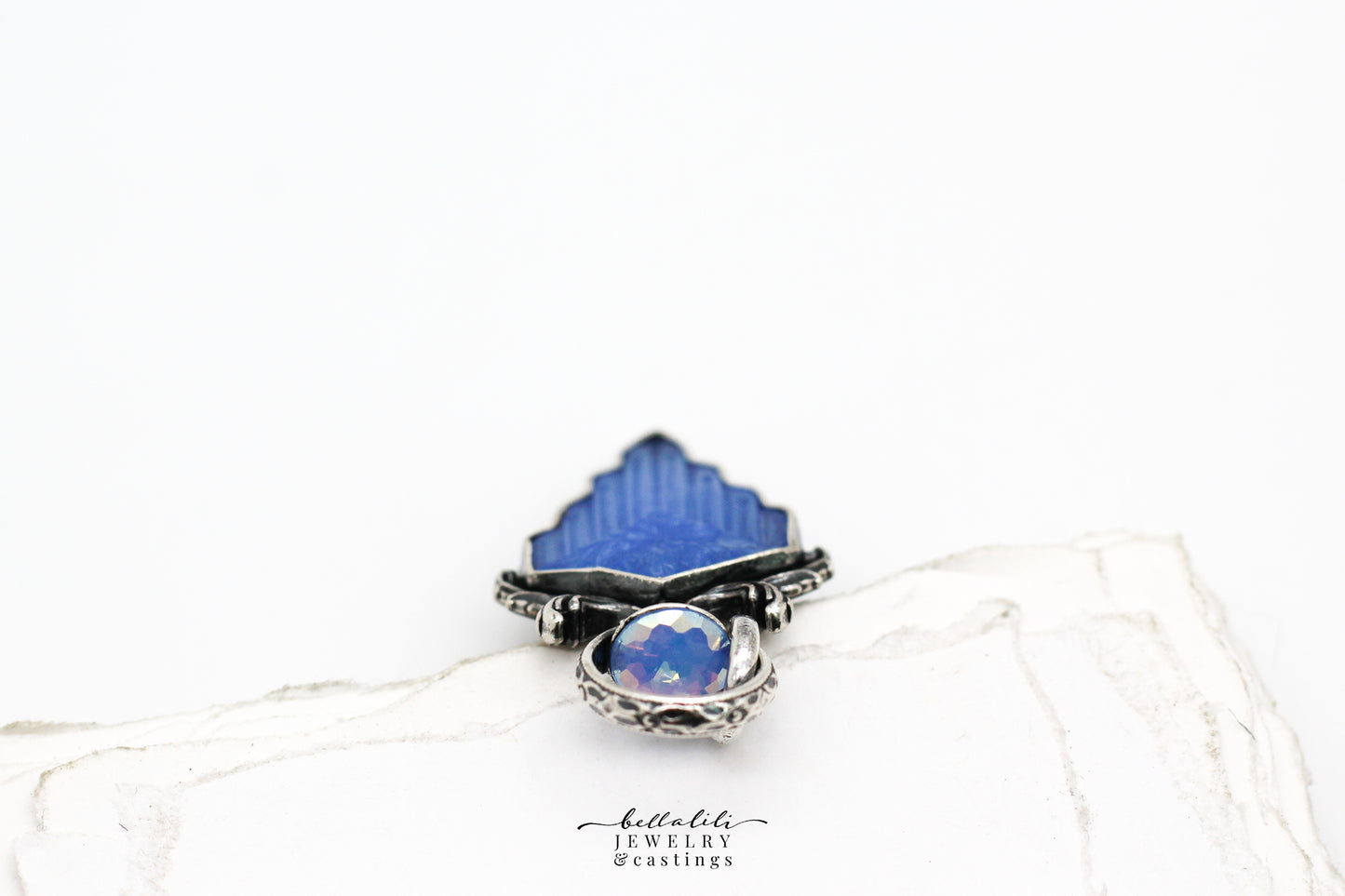 Blue Art Deco Pendant, Blue Vintage Glass Sterling Silver