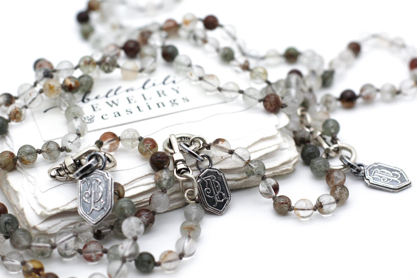 Mossveil Strand, hand knotted Green Phantom Quartz Necklace & Sterling Silver