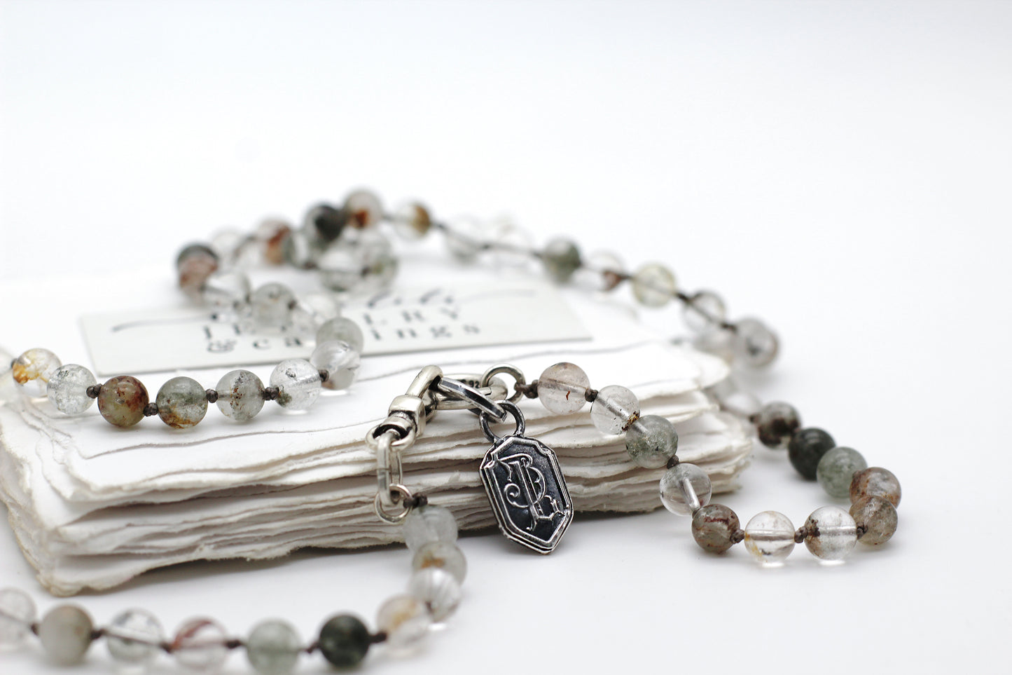 Mossveil Strand, hand knotted Green Phantom Quartz Necklace & Sterling Silver