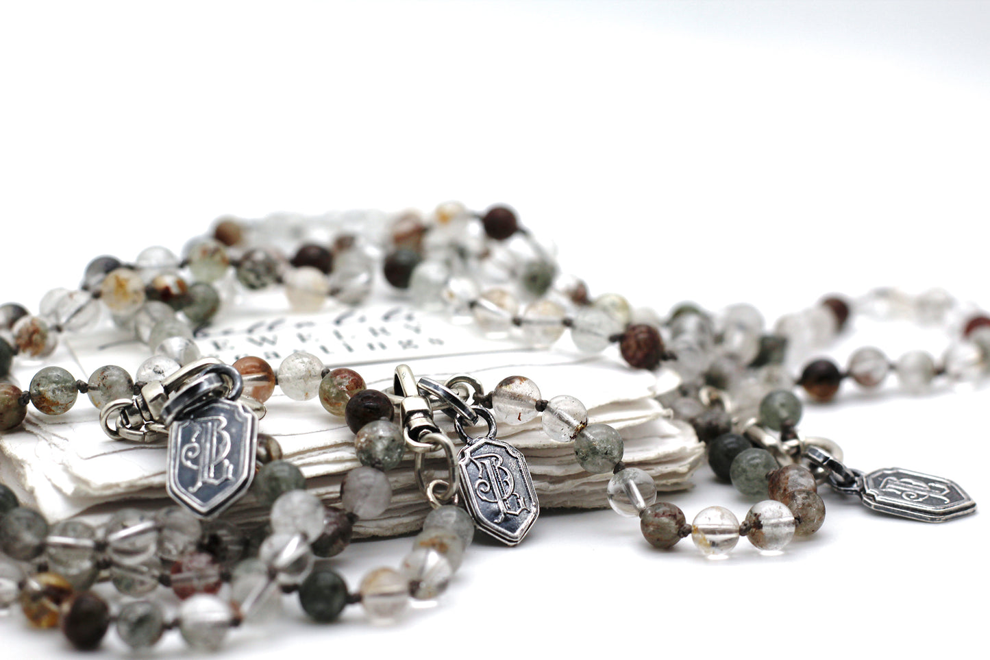 Mossveil Strand, hand knotted Green Phantom Quartz Necklace & Sterling Silver