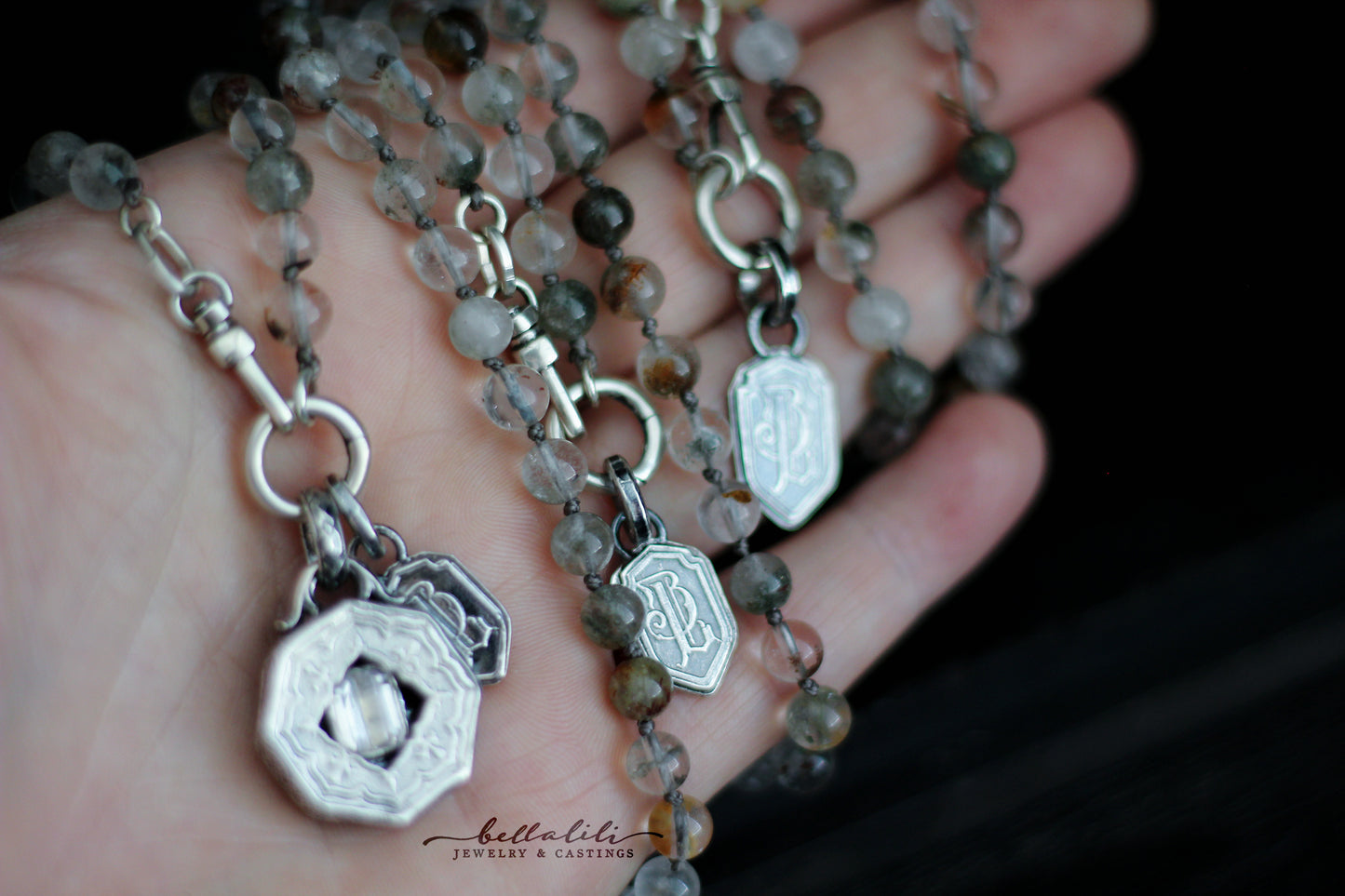 Mossveil Strand, hand knotted Green Phantom Quartz Necklace & Sterling Silver