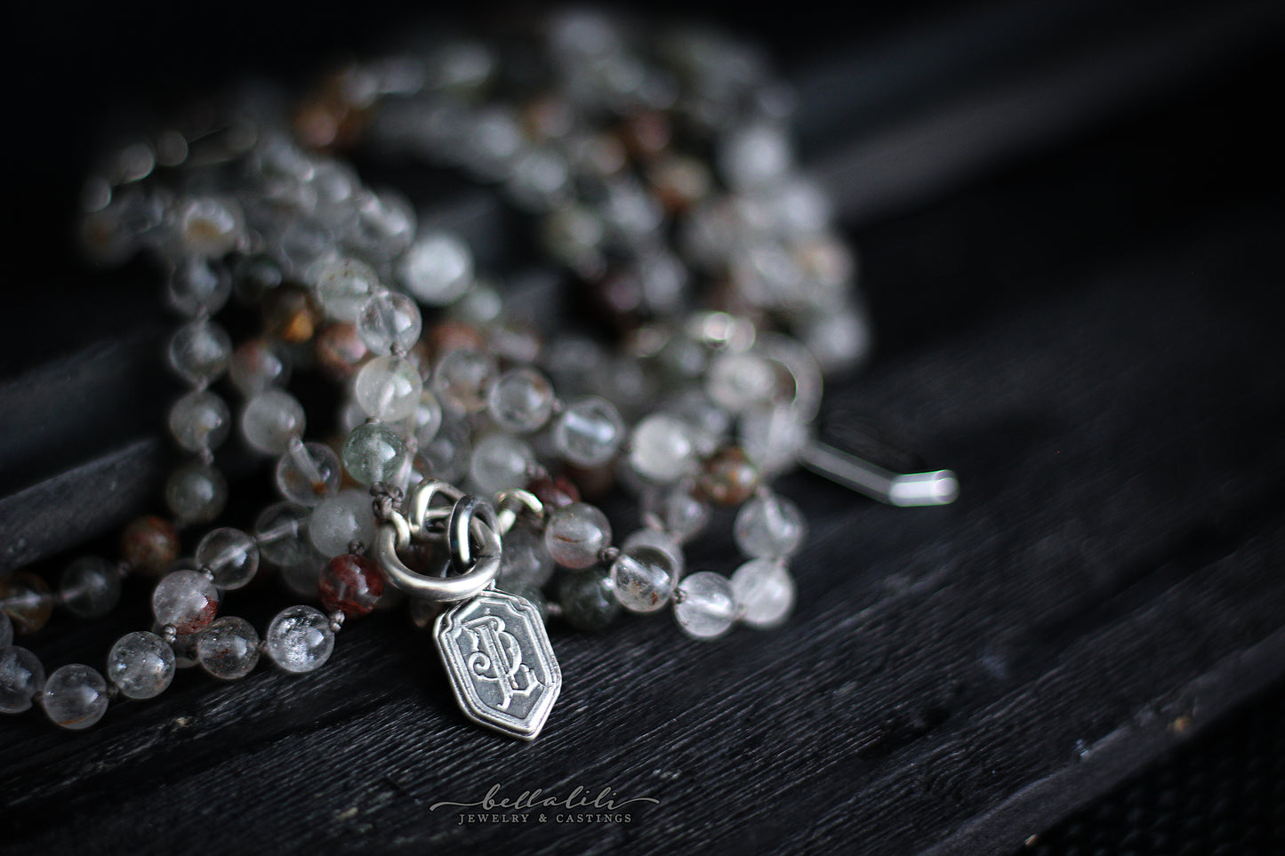 Mossveil Strand, hand knotted Green Phantom Quartz Necklace & Sterling Silver