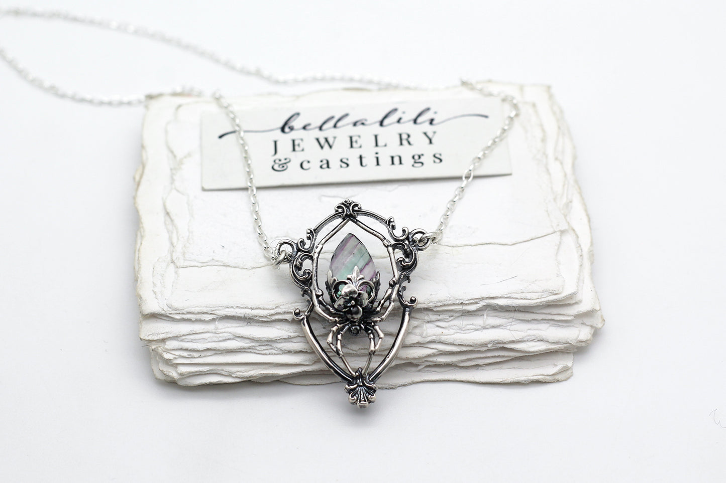 Arachne, "the Brood Mother", Fluorite & Sterling Pendant