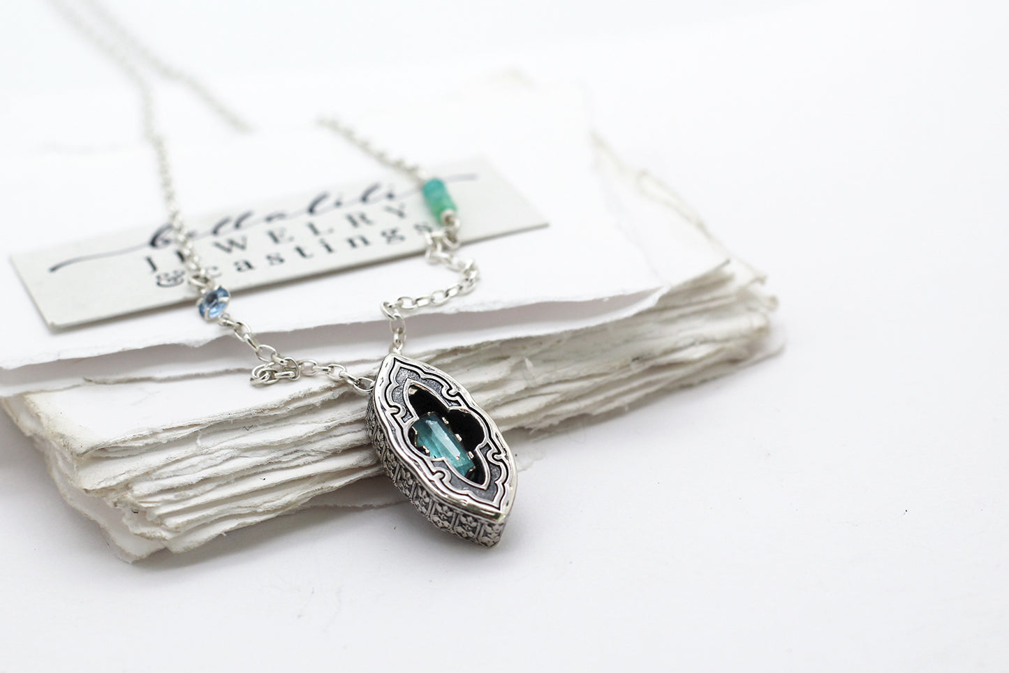 Avélys, Shadowbox No6 neon blue green tourmaline sterling silver pendant
