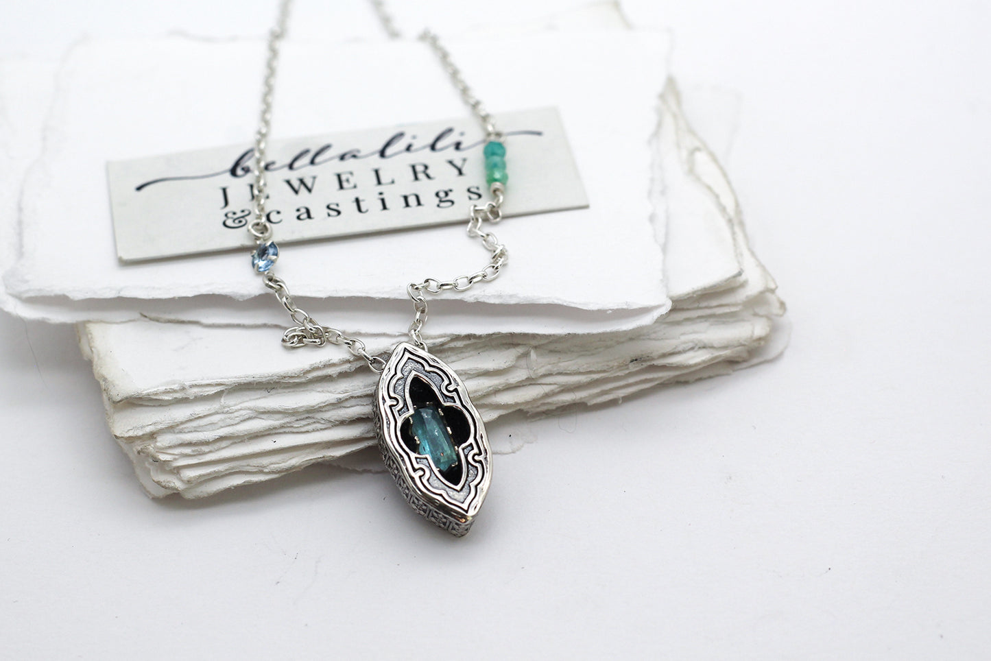 Avélys, Shadowbox No6 neon blue green tourmaline sterling silver pendant