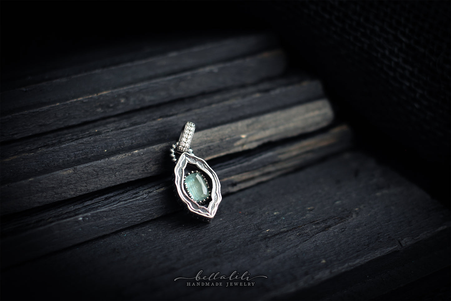 Avélys, Mini Shadowbox No5, Blue Tourmaline sterling silver pendant