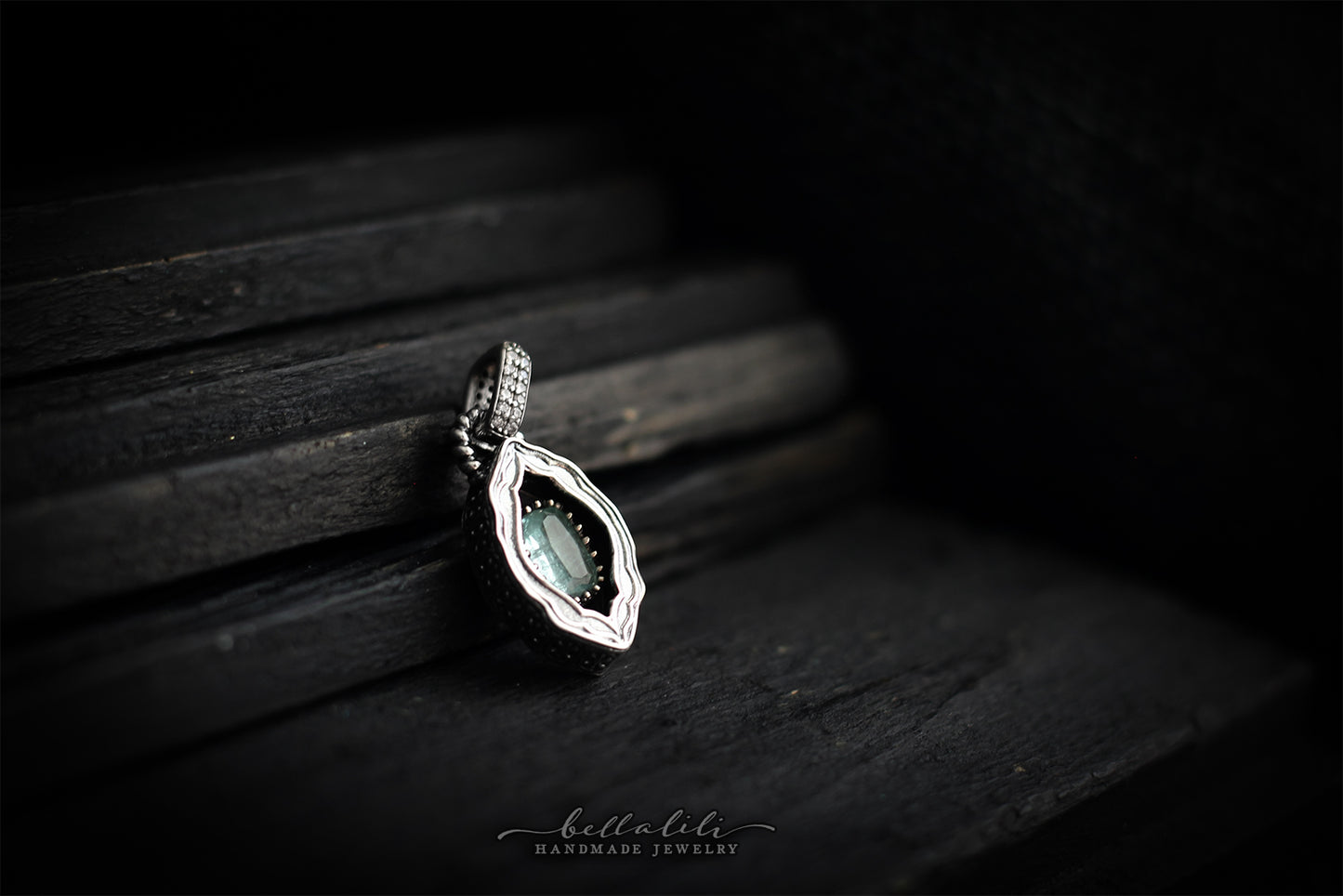 Avélys, Mini Shadowbox No5, Blue Tourmaline sterling silver pendant
