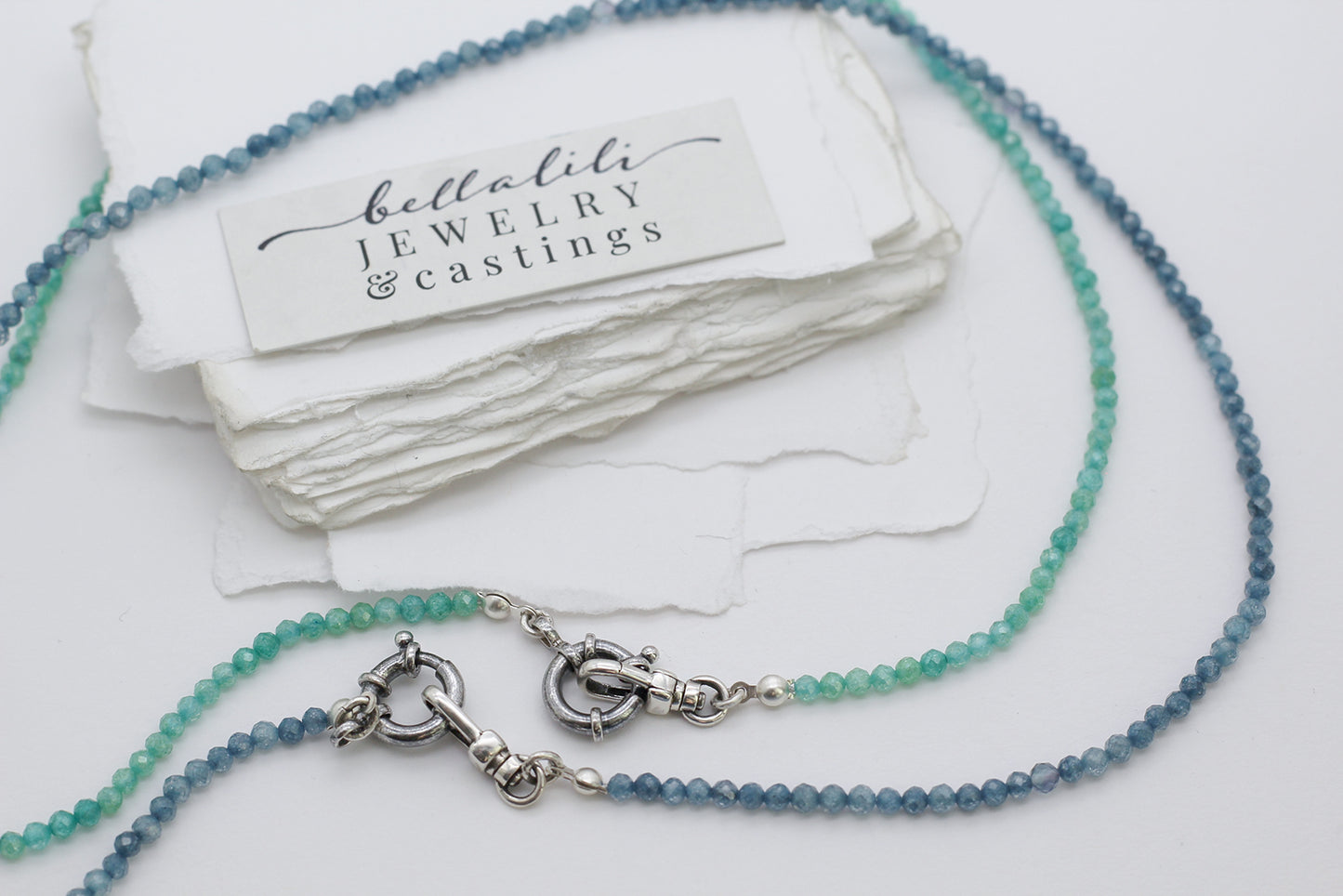 18" Sea Green cz Beaded Necklace, Sterling