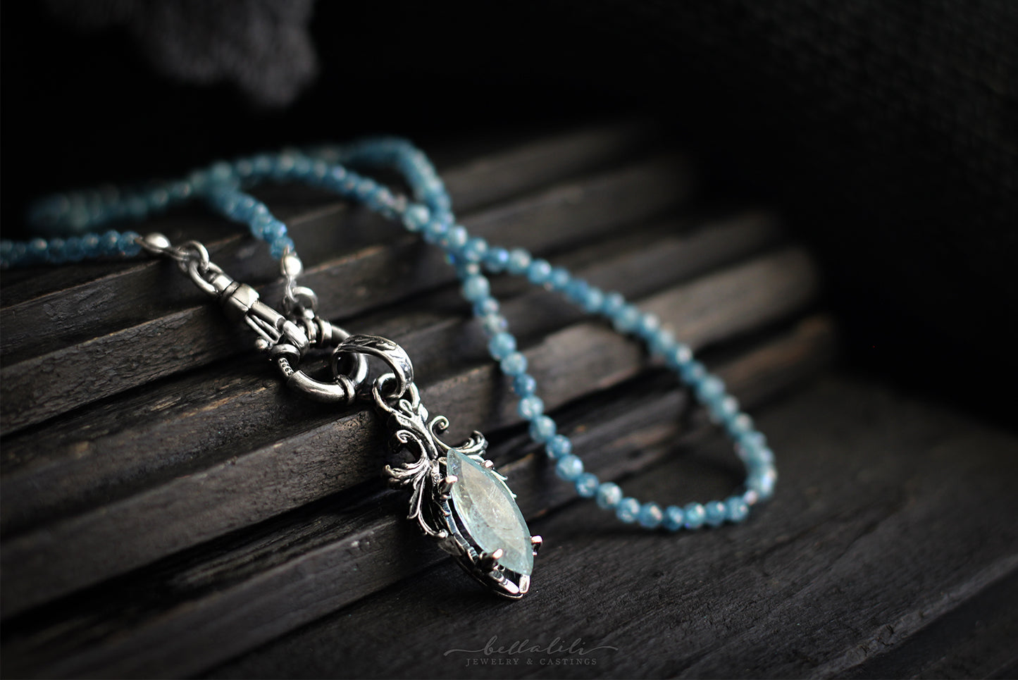 18" Blue diamond cz Beaded Necklace, Sterling