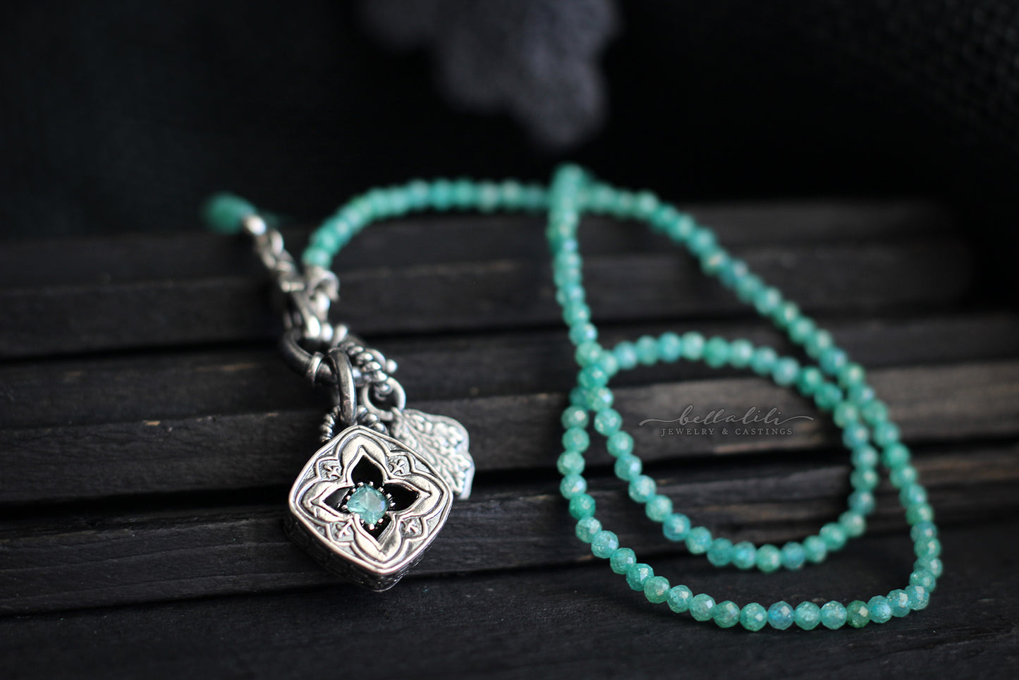 18" Sea Green cz Beaded Necklace, Sterling