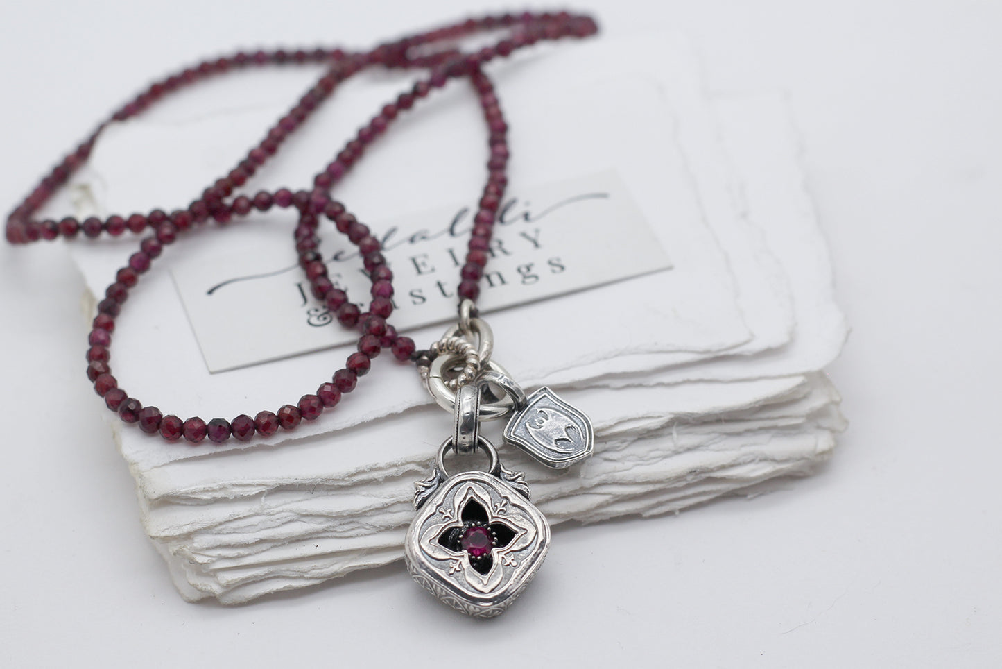 19" Garnet Beaded Necklace, Sterling