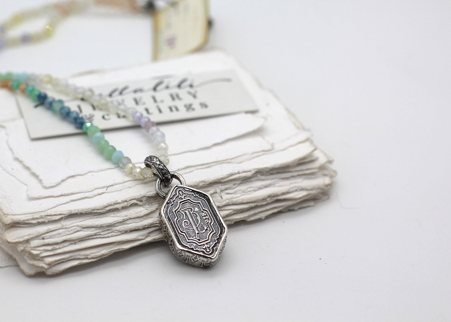 Tallulah, Green Moissanite Sterling Shadowbox Necklace