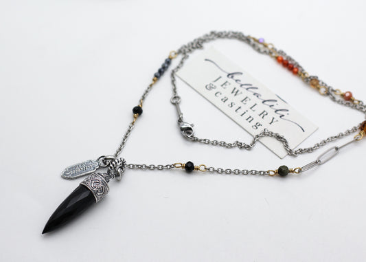 Lucinda, Black and Orange Crystal Point Pendulum Necklace