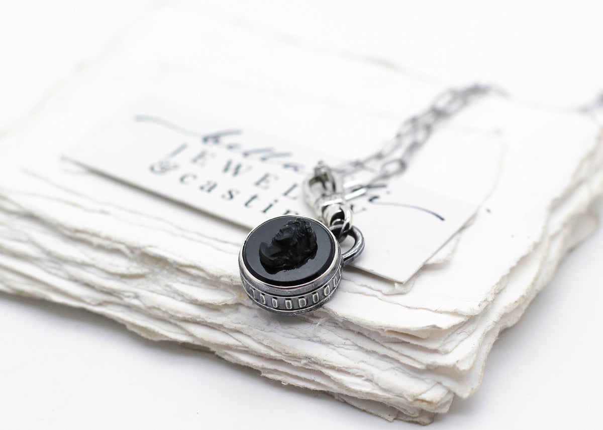 Hortense, Black Mourning Cameo Pendant, Sterling Silver