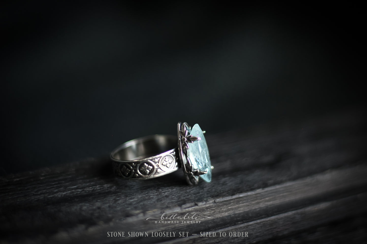 Ondée I, Aquamarine & Sterling Marquise prong ring