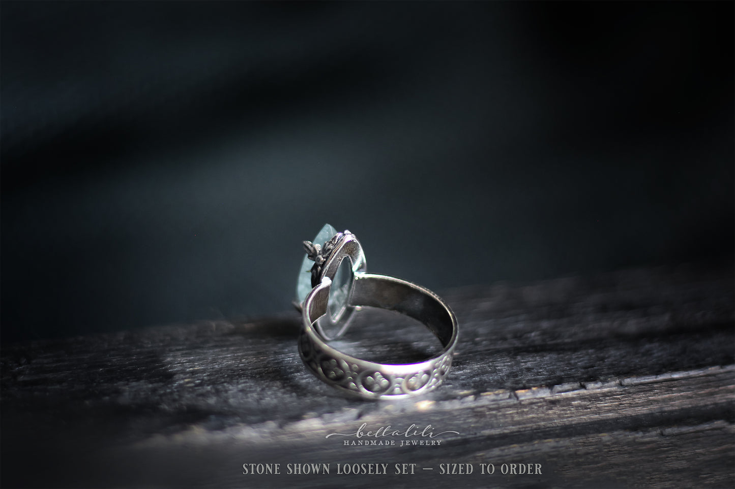 Ondée I, Aquamarine & Sterling Marquise prong ring