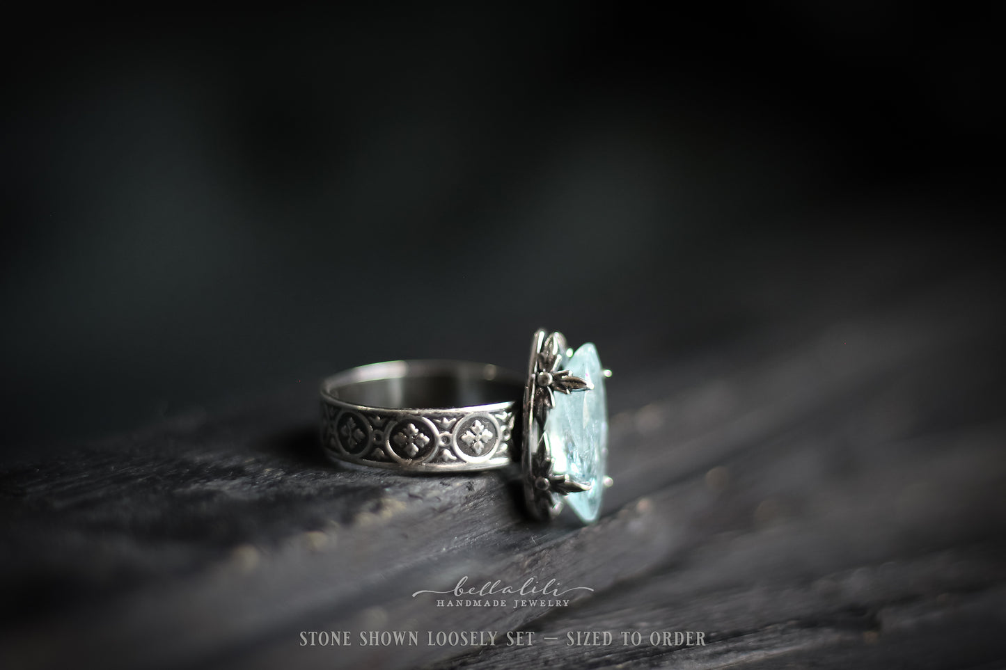 Ondée I, Aquamarine & Sterling Marquise prong ring