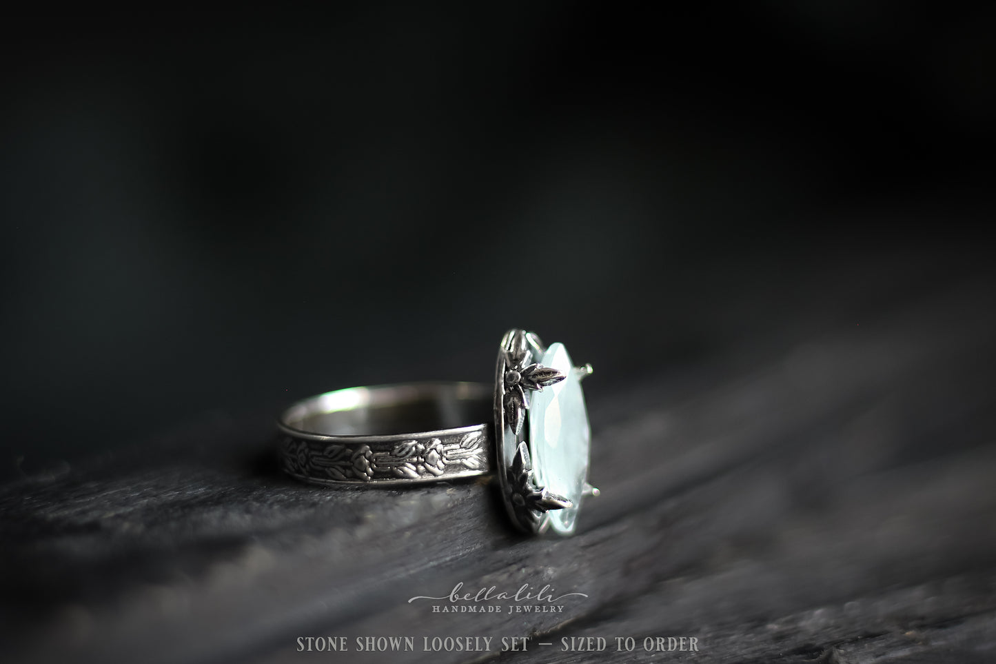 Ondée II, Aquamarine & Sterling Marquise prong ring