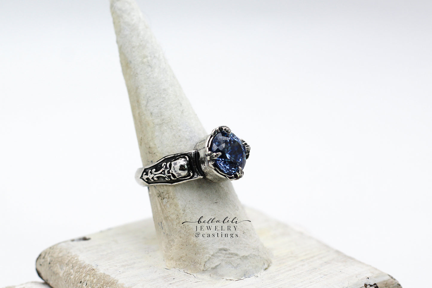 2ct Blue Eyed Devil Ring, Sterling Silver Skull Ring