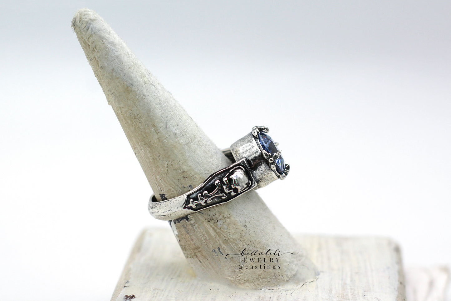 2ct Blue Eyed Devil Ring, Sterling Silver Skull Ring