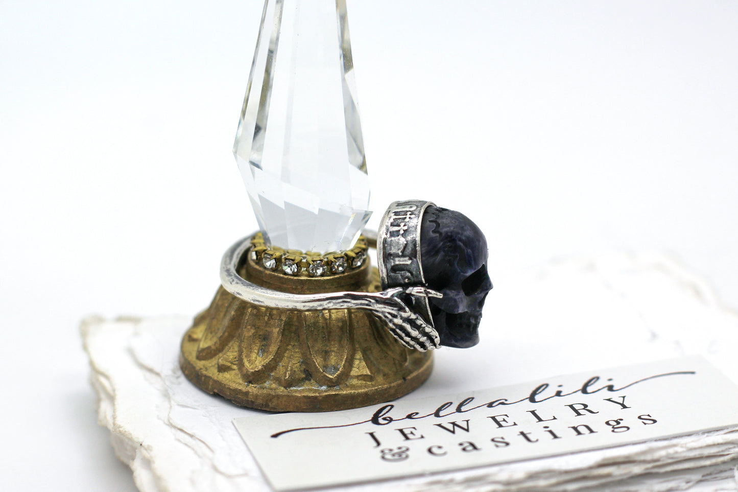 Blue Dysphoria Ring, Blue Carved Skull Graveyard Sterling Silver