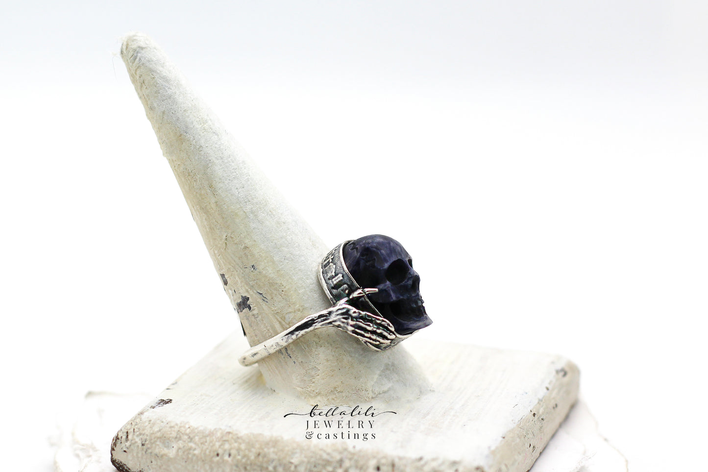Blue Dysphoria Ring, Blue Carved Skull Graveyard Sterling Silver