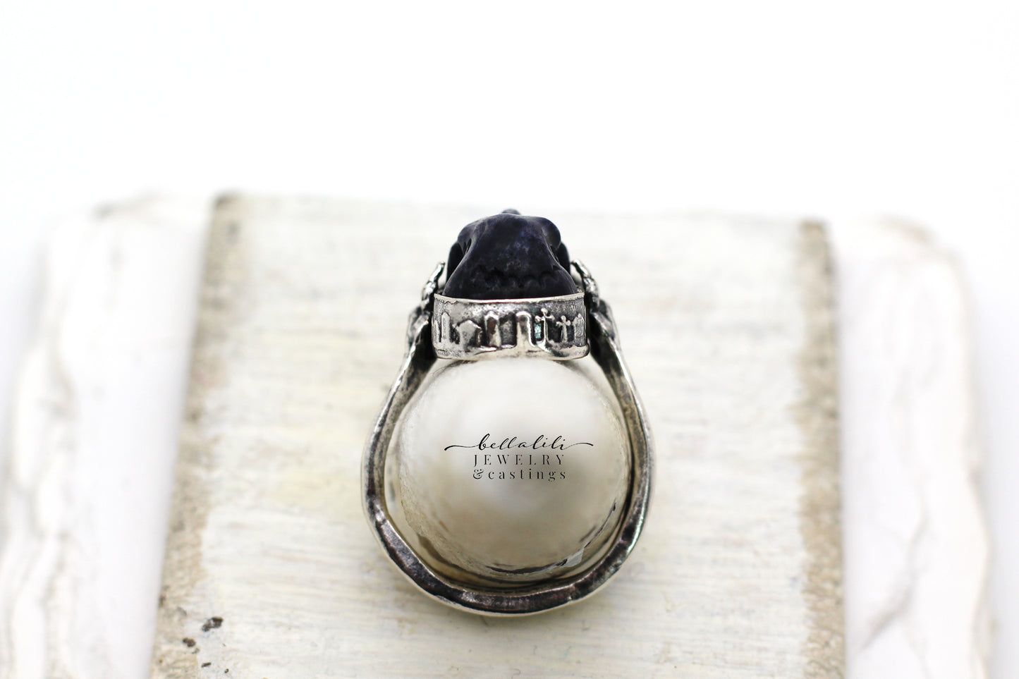 Blue Dysphoria Ring, Blue Carved Skull Graveyard Sterling Silver