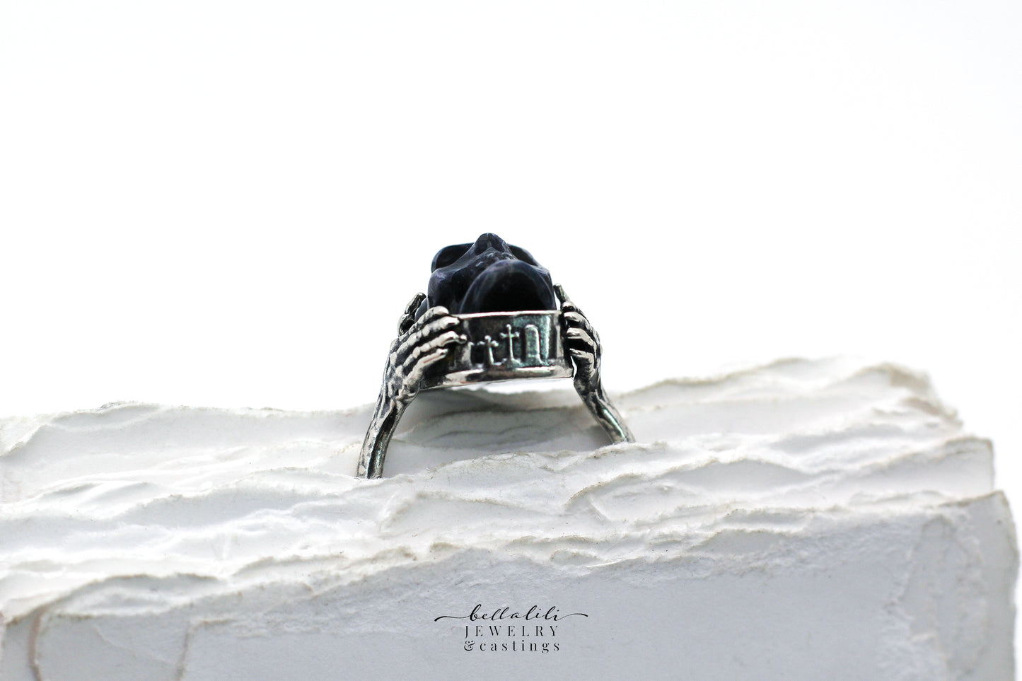 Blue Dysphoria Ring, Blue Carved Skull Graveyard Sterling Silver