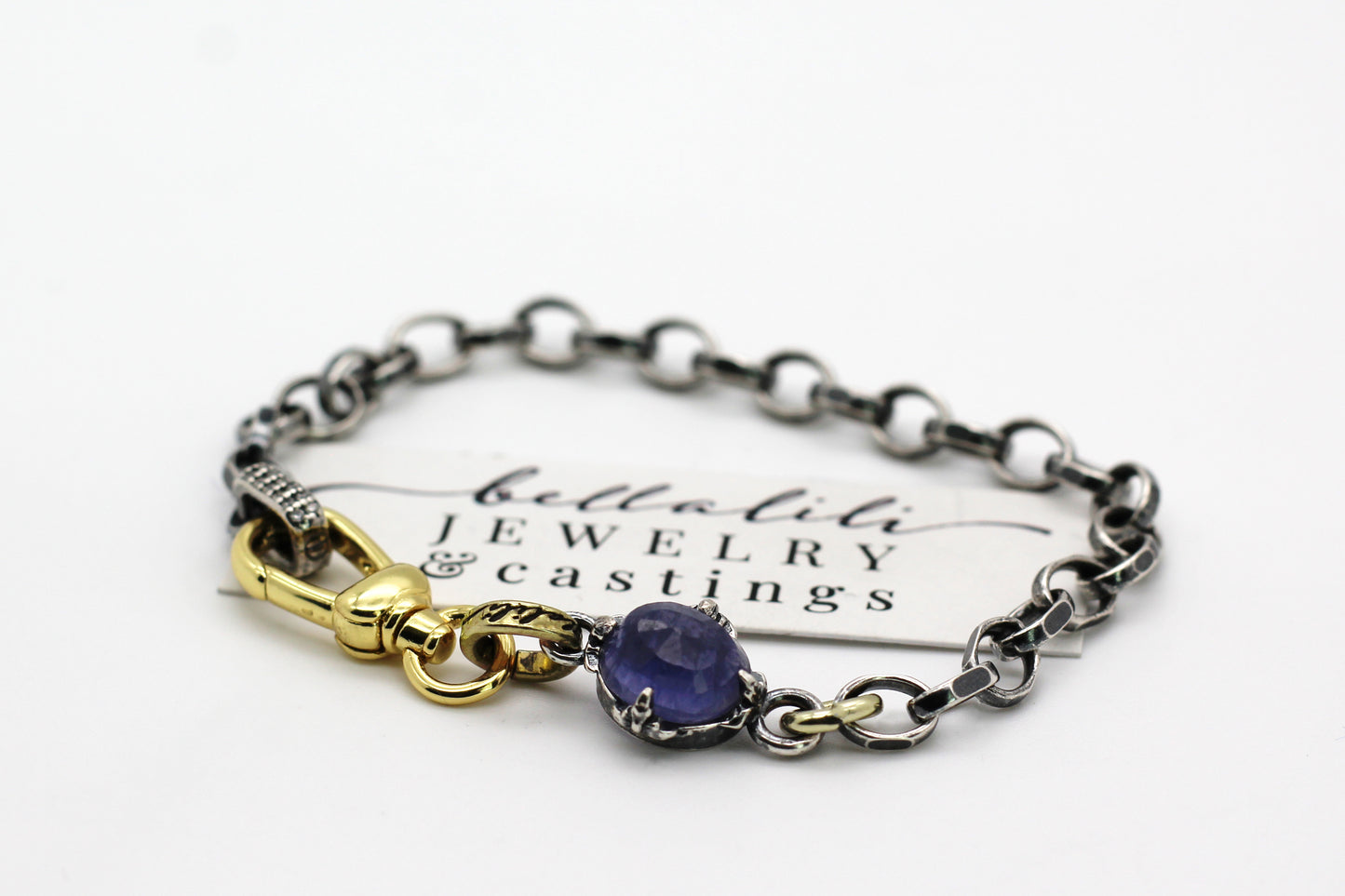 Josephine, adjustable up to 8" Mixed Metal Filigree and Iolite bracelet