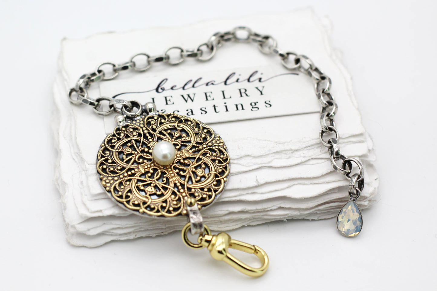 Lisette, adjustable up to 9" Mixed Metal Filigree and Pearl  bracelet