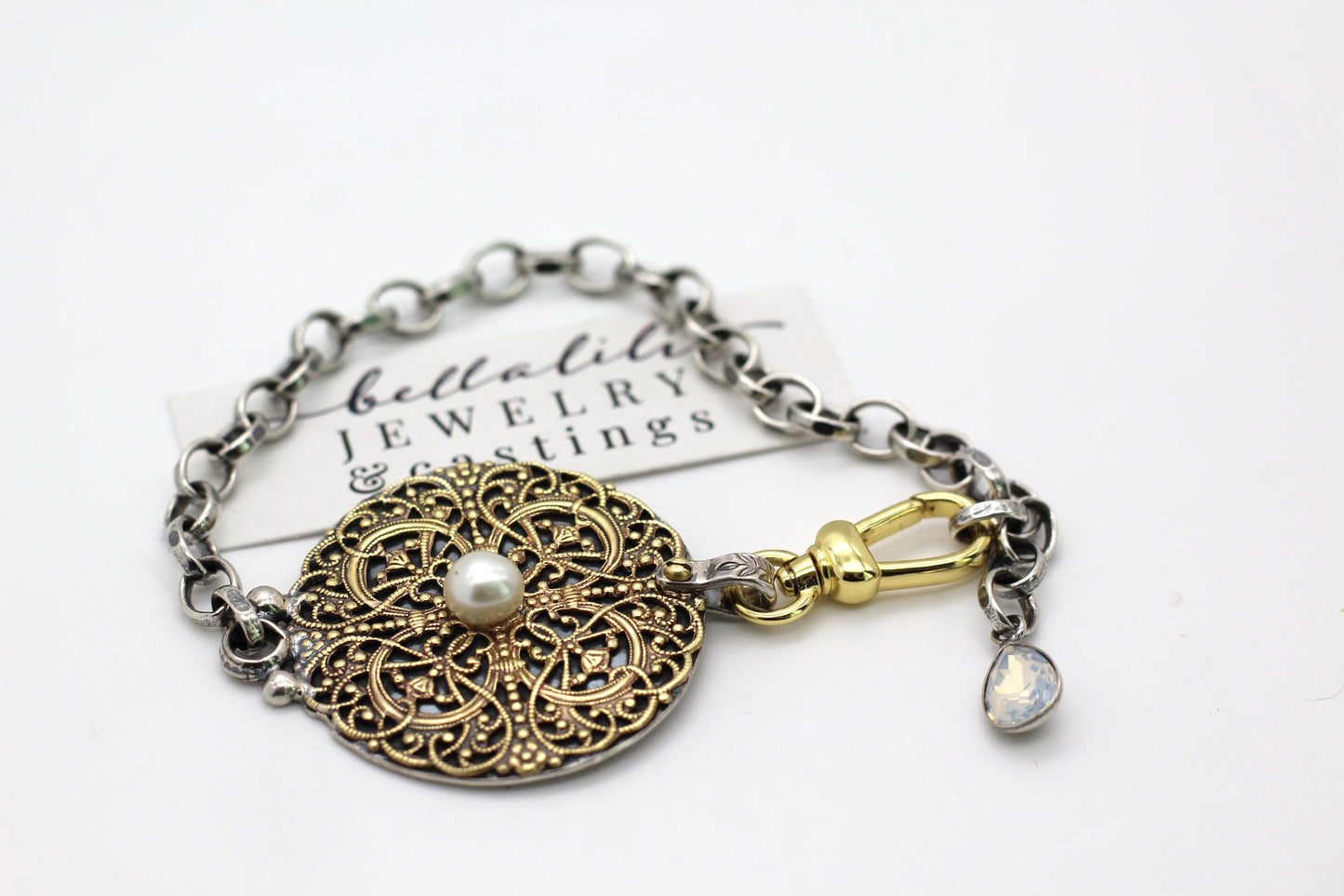 Lisette, adjustable up to 9" Mixed Metal Filigree and Pearl  bracelet