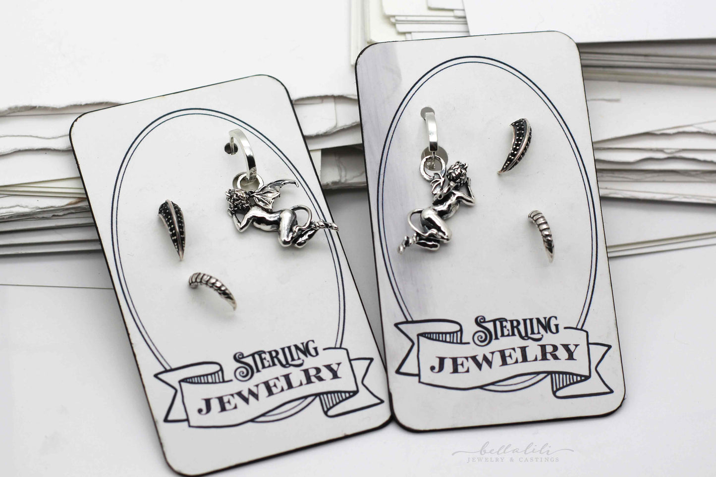 Sinner Huggie Hoops, 3 single Sterling Earrings