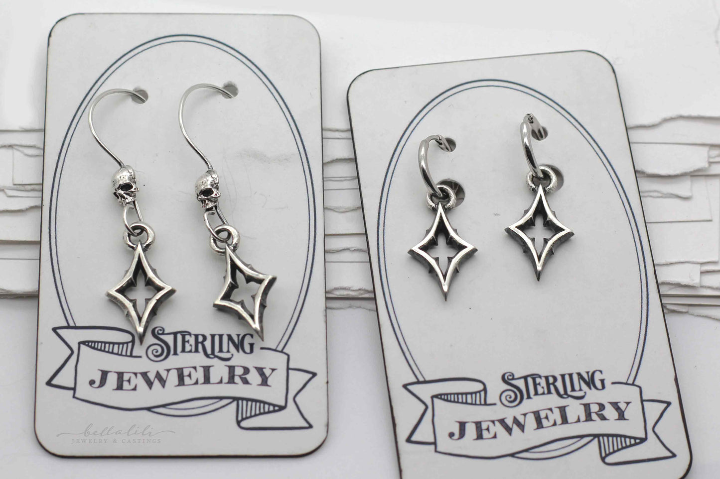 Hesperia Skull Dangles, Gothic Star Sterling Earrings