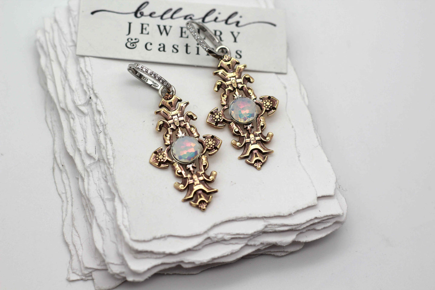 Final Sale Lavinia, White Opal Gem Vintage Earrings, Gold Brass & Sterling