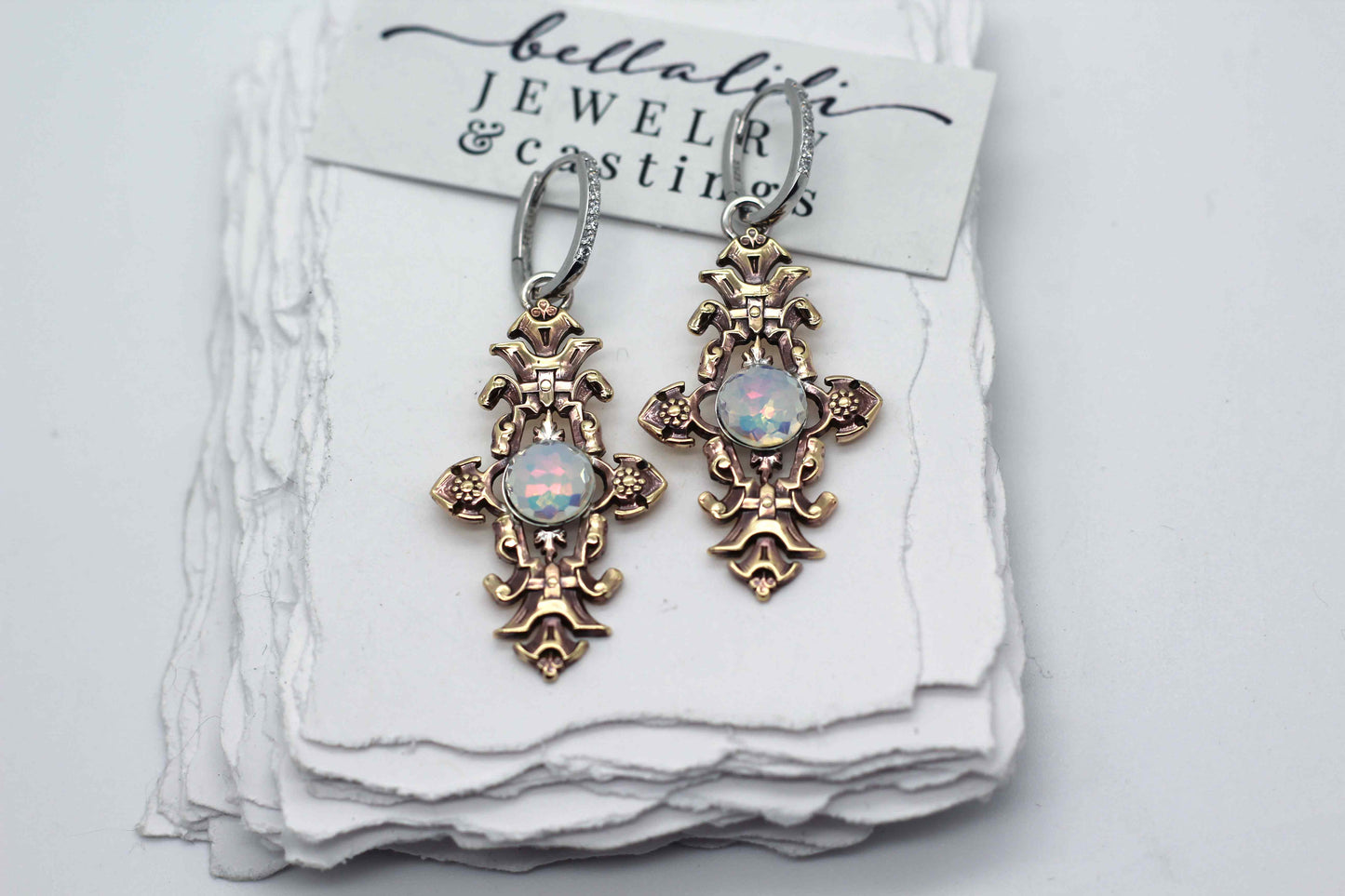 Final Sale Lavinia, White Opal Gem Vintage Earrings, Gold Brass & Sterling